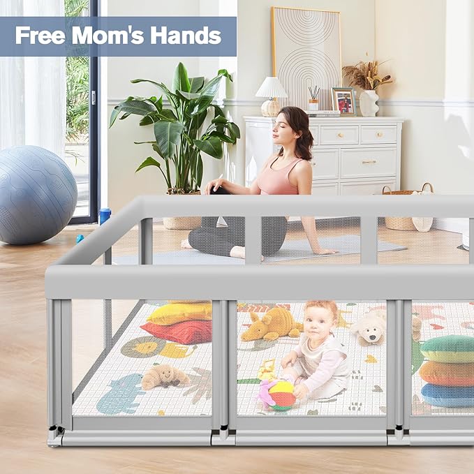 Baby Playpen with Mat 74" ×50", Large Play Yards Indoor & Outdoor, Sturdy Safety Baby Play Pen with Soft Breathable Mesh, Toddlers Play Pen with Anti-Slip Base, Waterproof Mat Included