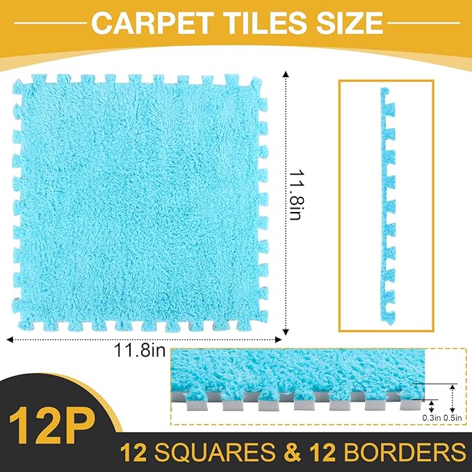 12 Pcs Plush Interlocking Carpet Tiles, Non-Toxic Foam Carpet Tiles for Toddler Baby, Anti-Slip, EVA Foam Interlocking Tiles for Floor, Nursery, Playroom, Blue