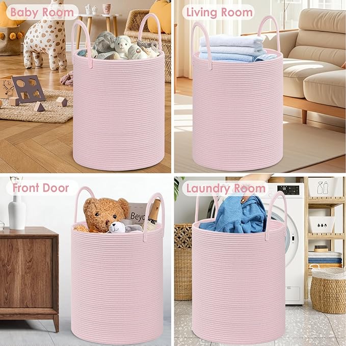 Cotton Rope Storage Basket with Handles, Pink, Large Capacity Laundry Hamper and Laundry Basket for Clothes, 15x18 Inches, Nursery Organizer
