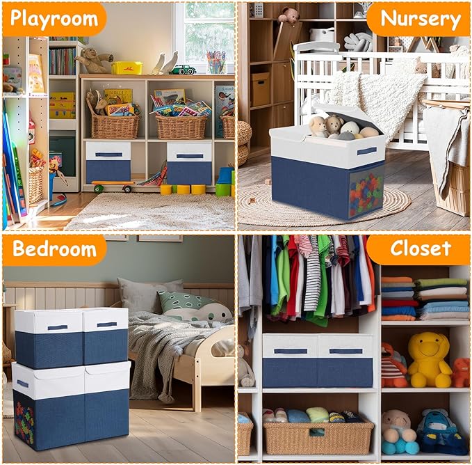 Fiwochic 3 Pack 23" Large Toy Storage Box with 11" Cubes Bins, Collapsible Toy Organizer Chest with Lids for Kids Nursery Playroom Bedroom Living Room Christmas Ornament Storage Box(Navy White)