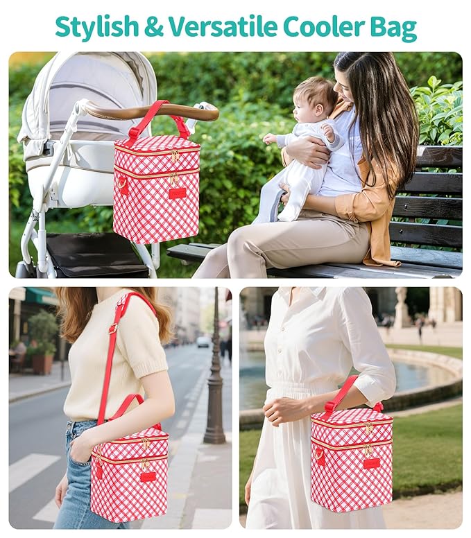 PIIOSER Breastmilk Cooler Bag with Ice Pack, Fits 6 Baby Bottles Up to 9 Oz, Stylish Baby Cooler Travel Bags with Shoulder Strap, Double Deck & Leakproof for Nursing & Working Mom-Red & White Striped