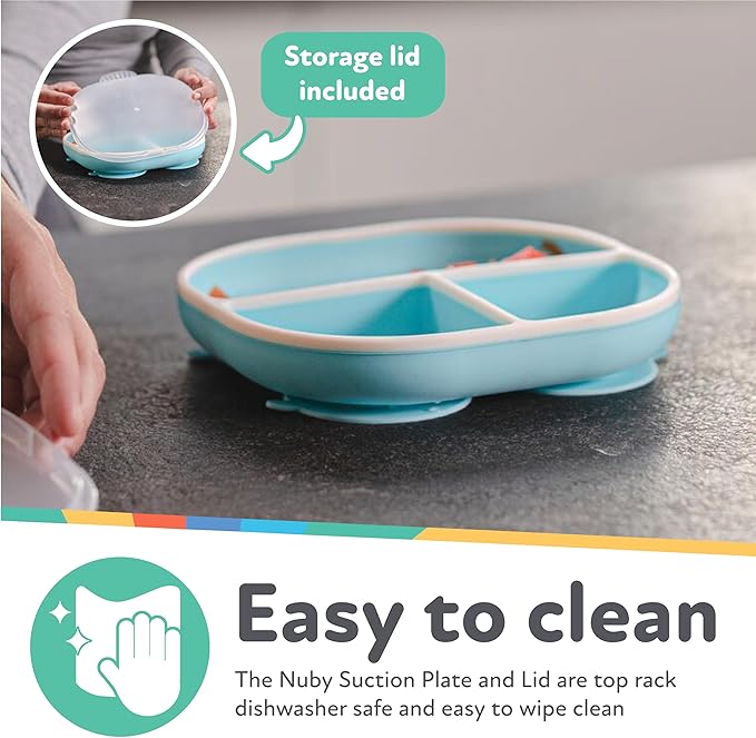 Nuby Silicone Rectangle Suction Plate with Lid - Dishwasher-Safe Baby and Toddler Plate - 6+ Months - Blue and Yellow - Back to School Essentials