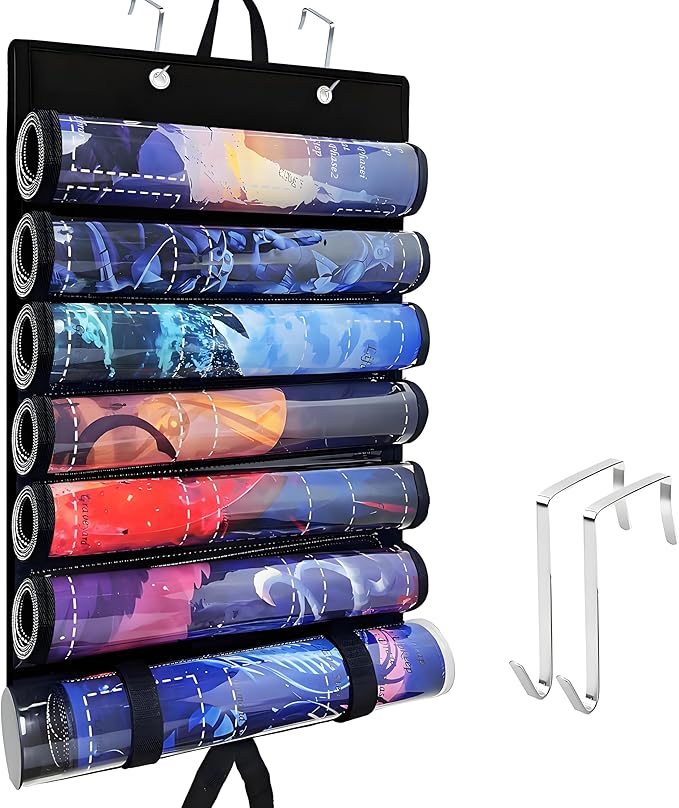 Playmat Holder, Playmat Tube Storage Bag for MTG with 2 Hooks, Fits 6+1 Game Mats & Tubes with Transparent Plastic Slots, Portable Organizer Case for TCG/CCG/RPG Mat (Black)