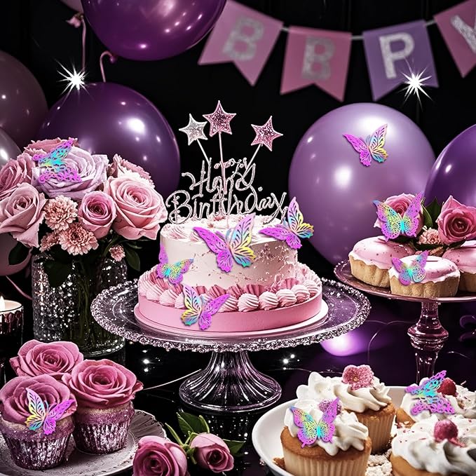 3D Butterfly Wall Decor 3 Sizes 4 Styles Butterfly Party Decorations Cake Decorations Removable Stickers Wall Decor Room Mural Metallic (Laser Pink Purple, 96Pcs)