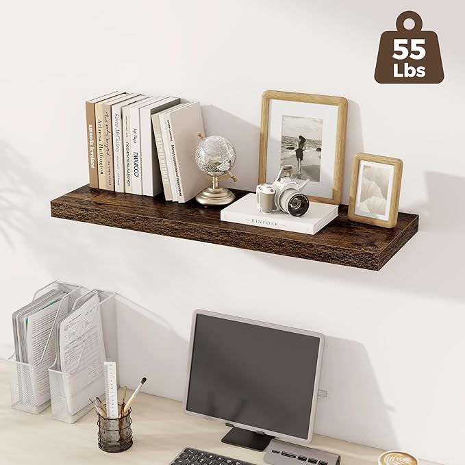 Fun Memories Deep Floating Shelves, 36" W x 12" D Wood Floating Shelves for Wall, 2 Pack Extra Deeper & Thicker Wall Mounted Storage Shelf for Living Room Laundry Room Kitchen Home Office, Brown