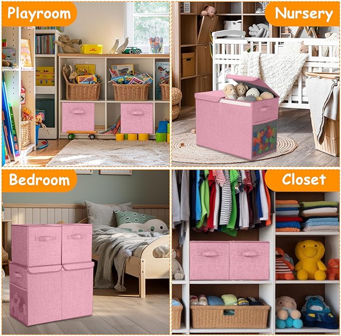 Fiwochic 3 Pack 23" Large Toy Storage Box with 11" Cubes Bins, Collapsible Toy Organizer Chest with Lids for Kids Nursery Playroom Bedroom Living Room Christmas Ornament Storage Box(Pink)