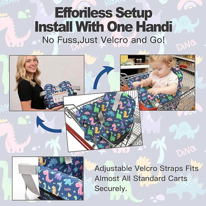 Shopping Cart Cover for Baby &High Chair Cover, Padded with Detachable Strap & Thigh Pad, Machine Washable, Padded Toddler Shopping Cart Cover Grocery Cart Cover (Dinosaur Print)
