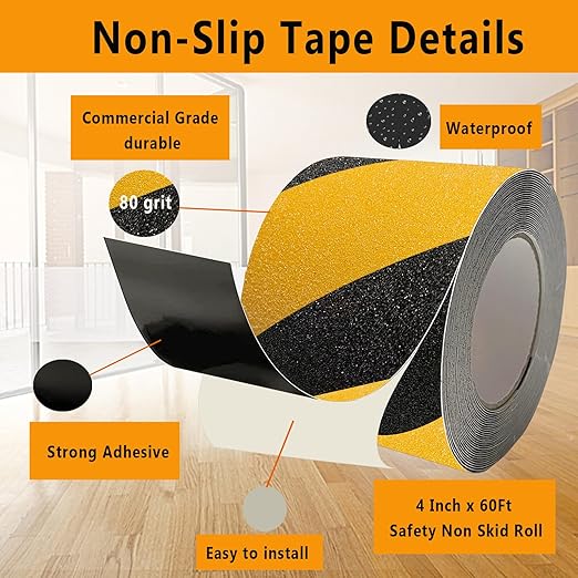 Danlaila 4 Inch x 60 Feet Grip Tape for Stairs, Anti Slip Tape Outdoor Waterproof, Black/Yellow Safety Non Skid Tape Roll for Stair Steps Ramp Wooden, Friction Tape Adhesive Non Slip Strips