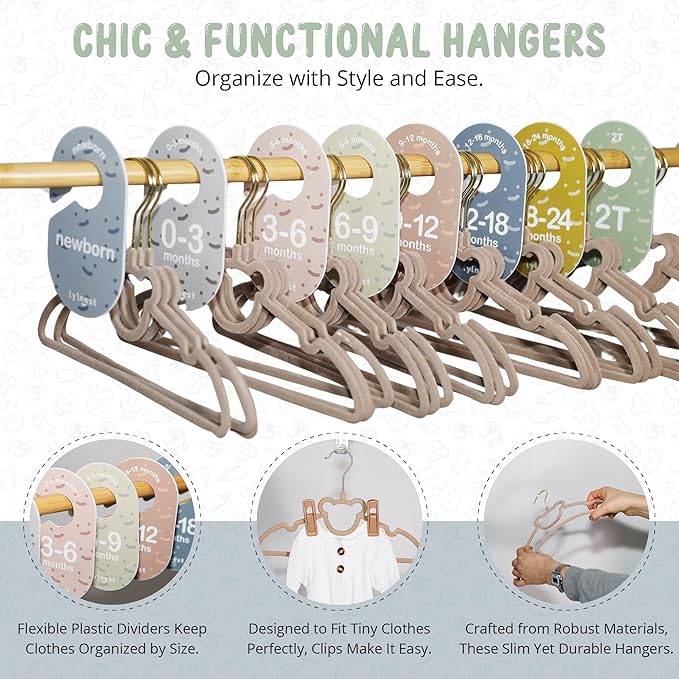 Velvet Baby Hangers with Clips – Organize Baby Clothes by Age with Size Dividers – Save Closet Space for Newborn to Toddler Outfits – Perfect Nursery Must-Have (Moonstone)