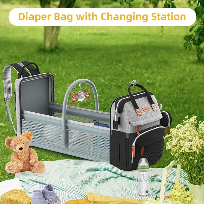 ISMGN Diaper Bag Backpack with Changing Station, Multifunctional Diaper Bag, Extra Large Capacity, Baby Bag, GreyBlack