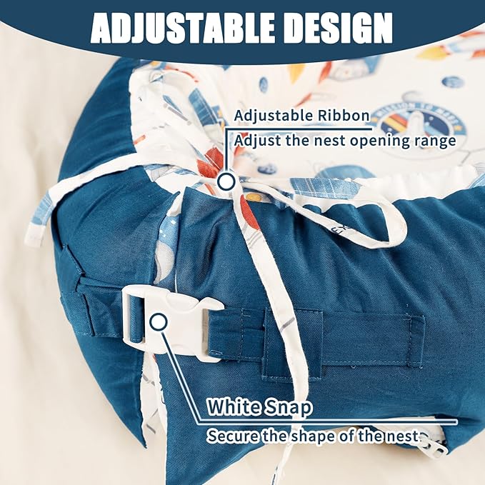 Jundetye Baby Lounger Cover for Boys Girls, Reversible Baby Nest Cover, Adjustable Baby Lounger Replaceable Cover for Infant Newborn, Portable and Machine Washable, Cotton Blue Rocket Cover Only