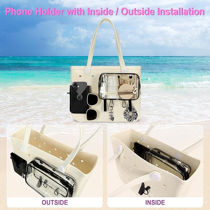 6PCS Compatible with Original Medium and Large Bogg Bag,Phone Holder for Inside and Outside of Bogg Bag Accessories,PVC Insert Bags,Hooks,and Keychain(Black)