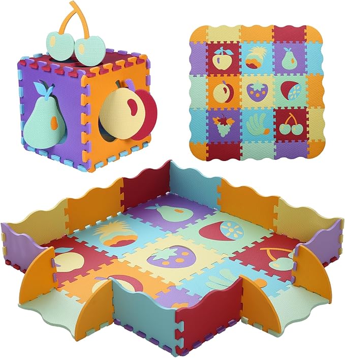 Tamiplay Foam Play Mat for Kids，25Pcs Square Interlocking Puzzle Floor Mat，Baby Play Mat Floor Mat Foam Puzzle Playmat for Toddlers with Fence（Fruit-CSH008