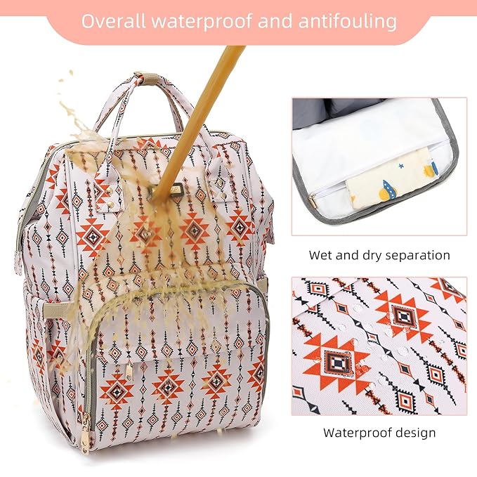 GAIVP Diaper Bag Backpack, Diaper Bags for Baby Girls Boys, Baby Bags for Moms Dads, Nappy Changing Bag with Insulated Pockets,Multi-functional Waterproof Backpack with Stroller straps-Tribal Orange