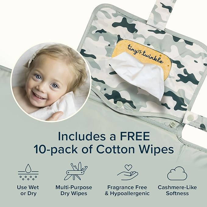 Tiny Twinkle Portable Diaper Changing Pad | Waterproof, Wipeable & Compact Baby Changing Pad for Travel | Smart Wipes Pocket & Organized Storage| Newborn Shower Gift (Camouflage)
