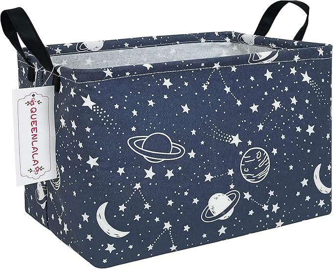 QUEENLALA Rectangular Laundry Hamper/Foldable Nursery Laundry Basket for Organizing/Storage Bin Baskets/Children Toy Office Bedroom/Toy Bin Closet Shelf Baskets（Rec-blue-starry sky）