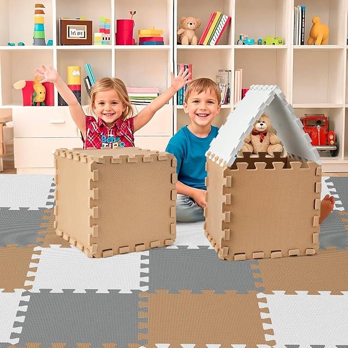 36Pcs Baby Play Mat for Floor, Foam Floor Tiles for Kids with Interlocking, Squares Foam Puzzle Carpet for Playroom,Crawling Rug for Babies 6-12 Months,Toddlers,11.8*11.8*0.6In Each,Grey White Brown