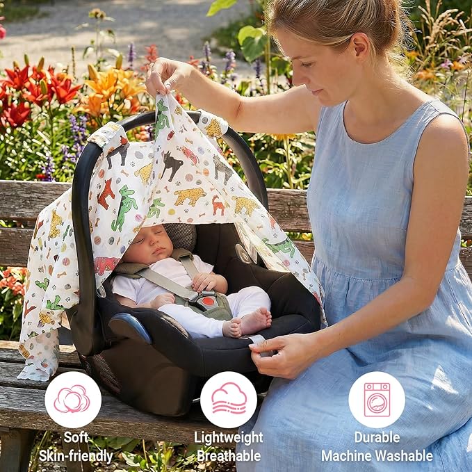 Metplus Car Seat Cover Baby, 100% Muslin Cotton Infant Carseat Covers for Boys and Girls, Lightweight Breathable Canopy, Summer Stroller Sun Shade, Newborn Travel Essentials(Dog)