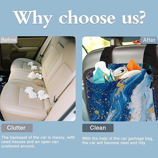 Blue Glitter Marble Car Garbage Bag,Small Car Trash Bag Hanging Back of Seat,Drawstring Car Trash Bag with Adjustable Buckle,Car Accessories for Camping Travelling