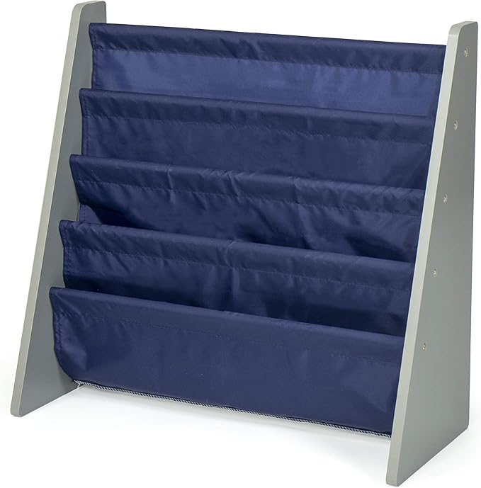 Humble Crew Kids Bookshelf, 4-Tier Front-Facing Book Display Organizer, Montessori Toddler Bookcase for Playroom, Bedroom & Reading Corner, Grey Wood/Navy