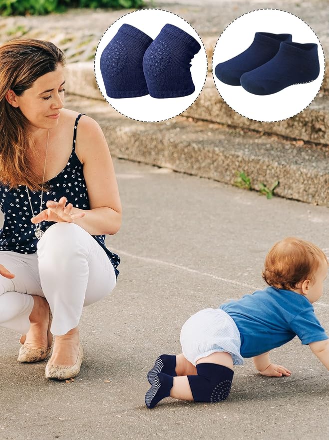 10 Pairs Baby Crawling Anti Slip Knee Pads and Anti Slip Baby Socks Set Unisex Toddler Knee Protectors Non Slip Ankle Socks