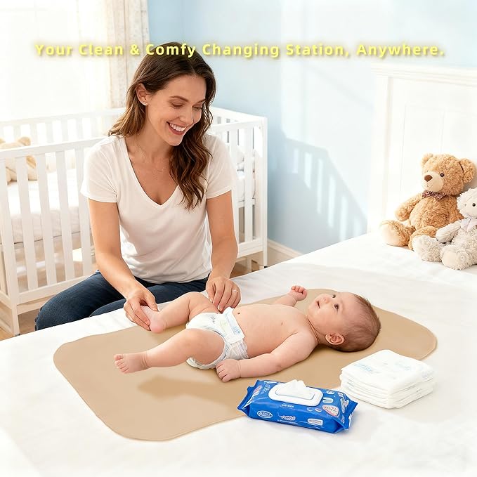 Elantrip Changing Pad for Bed - Leather Changing Pad for Baby, Portable Baby Changing Mat Travel, Compact Diaper Change Mat, Fits Diaper Bag Beige