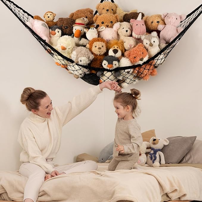 Stuffed Animal Storage Hammock Net Corner - Large Toy Hammock Net for Stuffed Animals Room Decor - Cute Stuff Animal Organizer Holder for Plush Plushie - Kids Baby Nursery Wall Bedroom Home Decor