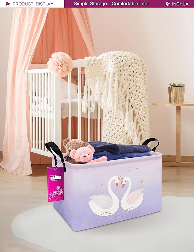 INGHUA Rectangular Storage Basket Fabric Organizer Bin for Toys,Books,Clothes,Gifts,Pets-Perfect for Home,Office,Nursery,Dorm,Shelf(Rec-Love Swans )