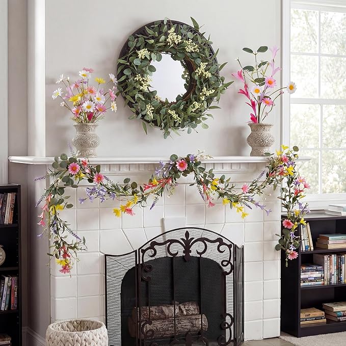 Pinkpum 20'' Eucalyptus Wreath 6FT Daisy Flower 17'' Artificial Silk Flowers Set 6 for Front Door Floral Fireplace Table Hanging Porch Wall Home Decor Farmhouse Indoor Outdoor Summer Spring Garland