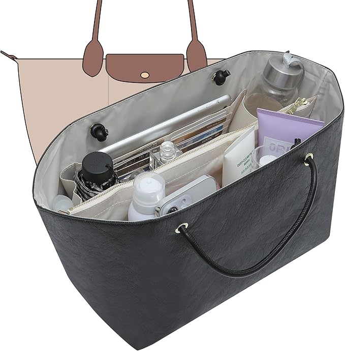 Doxo NEW Purse Organizer Insert for Longchamp LePliage Large,Fixed Handle, Bag Shaper with Key Leash& 16 Compartments, Upgraded Elastic Cup Holder(Black&White,L)