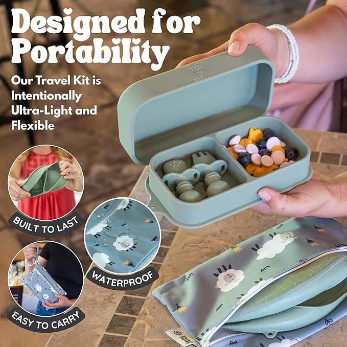 Baby Travel Essentials 6 Pc Silicone Feeding Set - Portable Toddler Plates with Suction, Baby Spoons & Foldable Bib in Carrying Case - BPA-Free Infant & Toddler Utensils for Airplanes & Eating Out