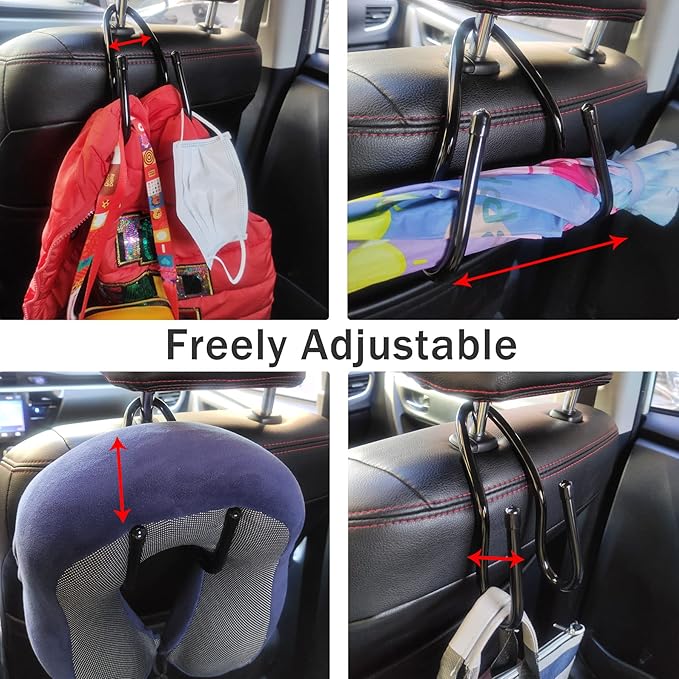 RUZUO Adjustable Car Seat Headrest Hook 4 Pack Car Storage Organizer Headrest Hanger Holder Hooks for Bags Purses Jackets Sweaters Hats Umbrella, Seat Hooks for Vehicle