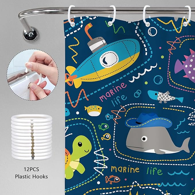 Funny Boys Ocean Shower Curtain 60Wx72H Navy Summer Kids Toddler Nursery Cartoon Sea Animal Cute Fish Fun Underwater Marine Coastal Bathroom Decor Bath Curtain Fabric Polyester 12 Pack Hooks