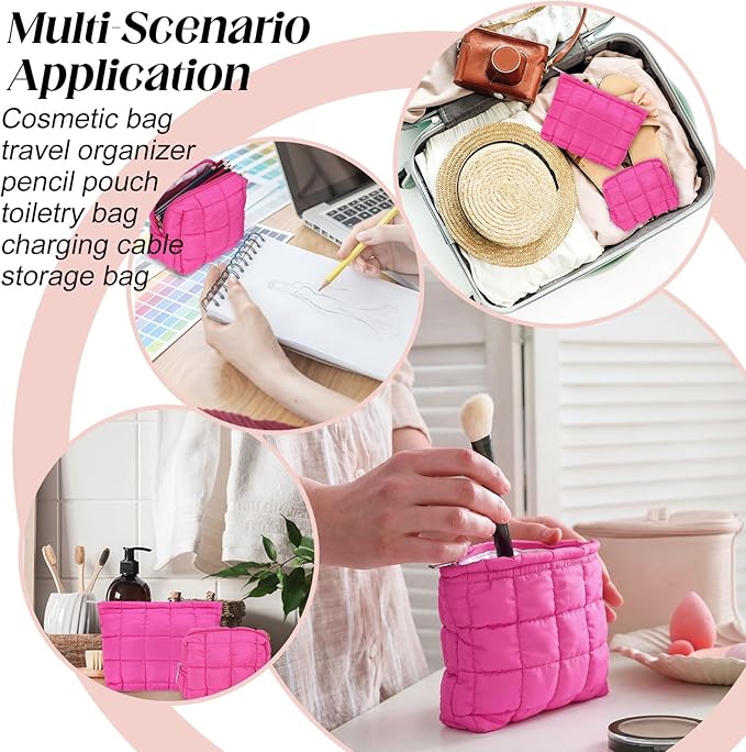 2 Pcs Puffy Makeup Bag Quilted Cosmetic Pouch for Women Cute Checkered Travel Toiletry Bag Puffer Makeup Organizer Purse Pouch Preppy Pencil Case with Zipper(Hot Pink)