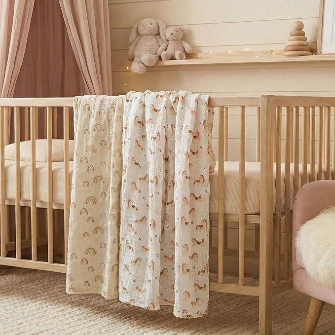 Muslin Swaddle Blankets for Newborn, 4 Pack Cotton Baby Blankets, Large 31.5 x 43.3 inch Breathable Soft Receiving Blanket, Essentials Swaddle Wrap Burping Clothes, Orange Rainbow Horse
