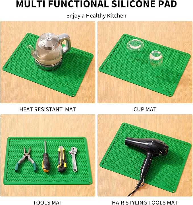 Silicone Drying Mat & Heat Resistant Mat for Kitchen Counter, Non-Slip Dishwasher Safe, Raised Edge for Dishes Bottles Sink (25.5x17.7in, Dark Green)