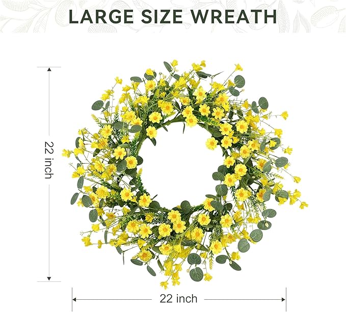 Pinkpum 22" Daisy Eucalyptus Wreath for Front Door, Artificial Spring Summer Floral Wreath for Front Door, Home Farmhouse Wedding Wall Window Decor