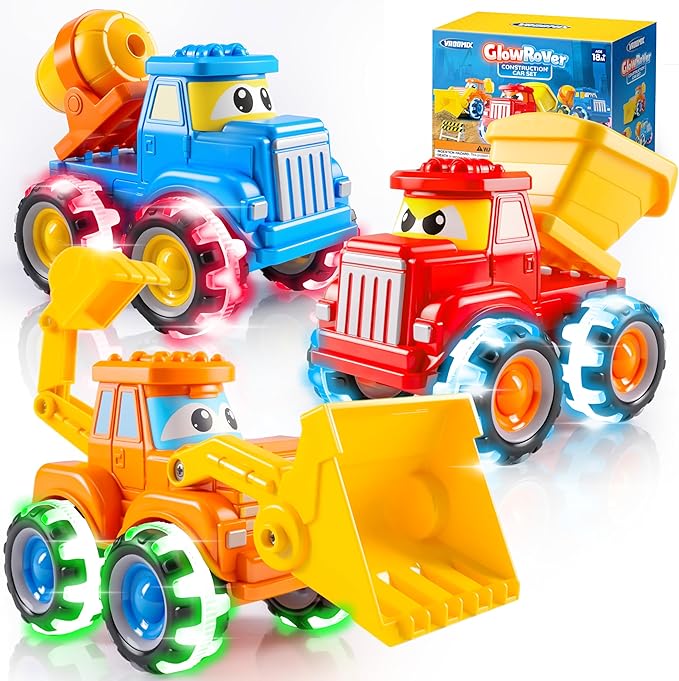 Vroomix Jova GlowRover 3 Pack Monster Truck Toys, City Construction Cars with LED Light Up Wheels, Friction Powered Cars for Toddlers Boys Girls 18M+, Birthday Gifts for Christmas