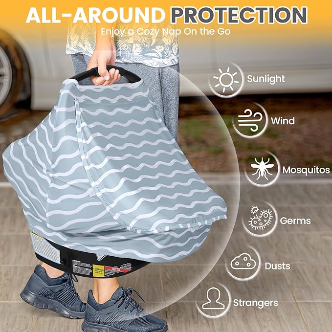 Orzbow Baby Car Seat Cover, Breathable Car Seat Canopy for Girls Boys with Mesh Window, Lightweight Baby Carrier Cover for Wind, Dust, Sun and Insects Protection, Universal Fit, Gray