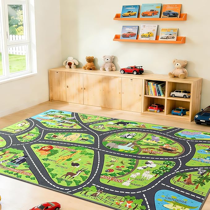 Zoo Adventure Kids Rug, Cute Animal Play Mat with Non-Slip Backing, Kids Carpet with Lions, Tigers & Giraffes for Educational and Fun Playtime, 6x9ft