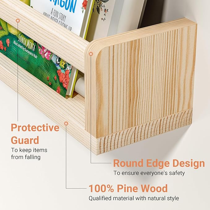Heimlove Nursery Floating Shelves, Solid Wood Nursery Book Shelves for Wall, 32 inch Bookshelf for Kids, Wall Mounted Shelves for Books, Toys and Decor Storage, Set of 3