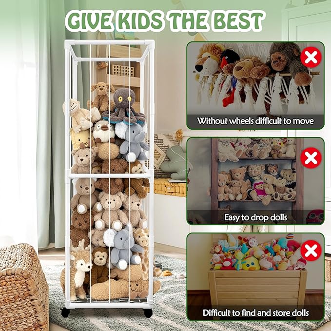 Stuffed Animal Storage Zoo with Wheels, 65" Tall Large Stuff Animals Plushies Holder Toy Organizer Kids Plush Storage Cage PVC with Elastic Band and Net for Nursery Playroom Corner for Toddler