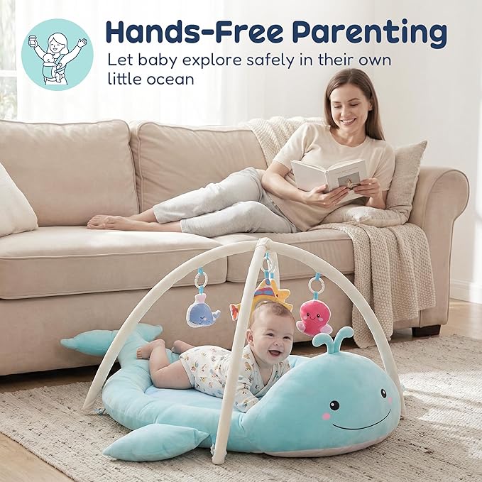 Baby Play Mat, Whale Tummy Time Mat with Toys, Baby Activity Gym for Infants 0–12 Months Sensory Floor Mat for Boys & Girls