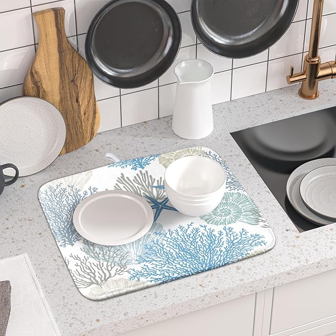Nautical Coastal Dish Drying Mat for Kitchen Counter,Summer Ocean Themed Seashell Coral Starfish Drying Mat 16 x 18 Inch with High Absorbent Microfiber Dish Drying Drainer Mat for Coffee Bar