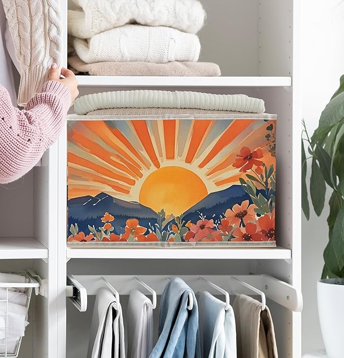 FDHSPAAM Boho Wildflower Sunshine Storage Bins Box with Handles, Maximalist Eclectic Sun Sunrise Sunset Collapsible Fabric Storage Basket Box Organizer for Bedroom Bathroom Clothes Toys Books