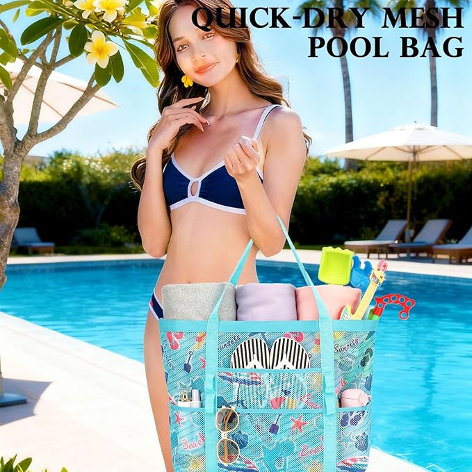 Mesh Beach Bag, Large Beach Tote with Zipper Pocket for Family Pool Bag for Toys & Vacation Essentials