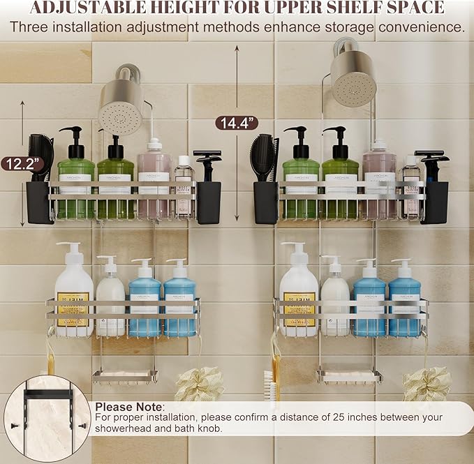 Shower Caddy Hanging for Bathroom Organizers and Storage, 3 Tier Adjustable Anti-Swing Shower Organizer Hanging with Heavy-Duty Suction Cups, Damage-Free Rustproof (Chrome)
