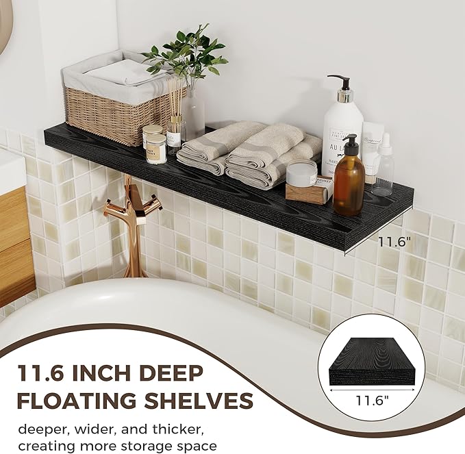 Fun Memories 12 Deep Floating Shelves, 40W x 12D Floating Shelves for Wall Set of 2, Extra Deeper Hanging Wood Shelves for Wall for Living Room Kitchen Laundry Room Kitchen Home Office - Black