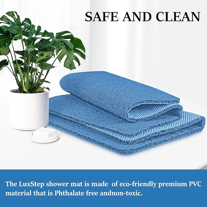 LuxStep Shower Mat Bathtub Mat,40x24 inch, Non-Slip Bath Mat with Drain, Quick Drying PVC Loofah Bathmat for Tub,Shower,Bathroom,Lake Blue