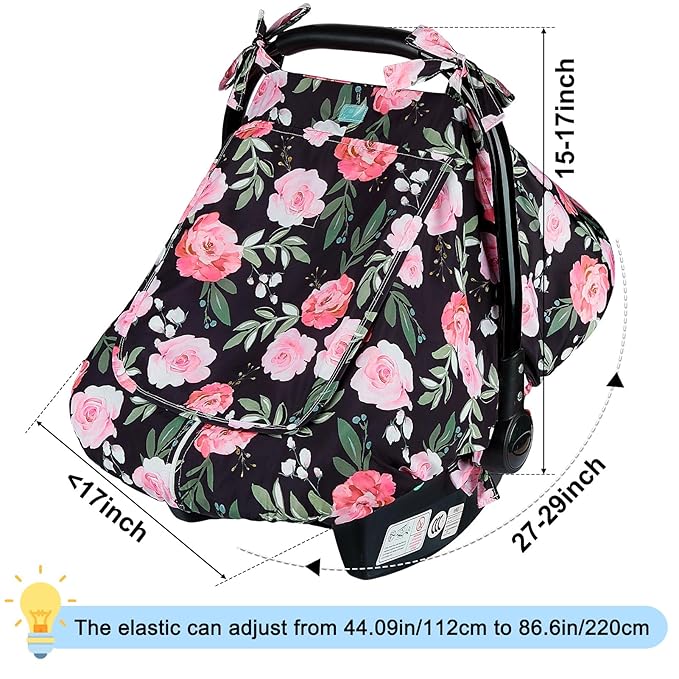 FIOBEE Baby Car Seat Cover, Car Seat Covers for Babies Infant Car Seat Canopy with Breathable Mesh Window Waterproof Carseat Cover for Babies Boy Girl 4 Seasons, Black/Flowers